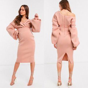 ASOS Maternity Fallen Shoulder Pleated Puff Sleeve Pencil‎ Midi Dress Rose Sz 8